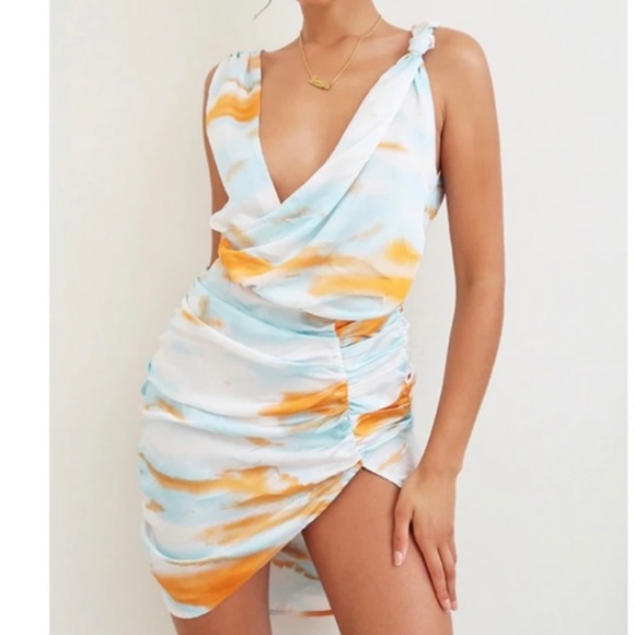 PrettyLittleThing Dresses & Skirts - Tie Dye Satin Ruched Bodycon Dress With Knot Detail